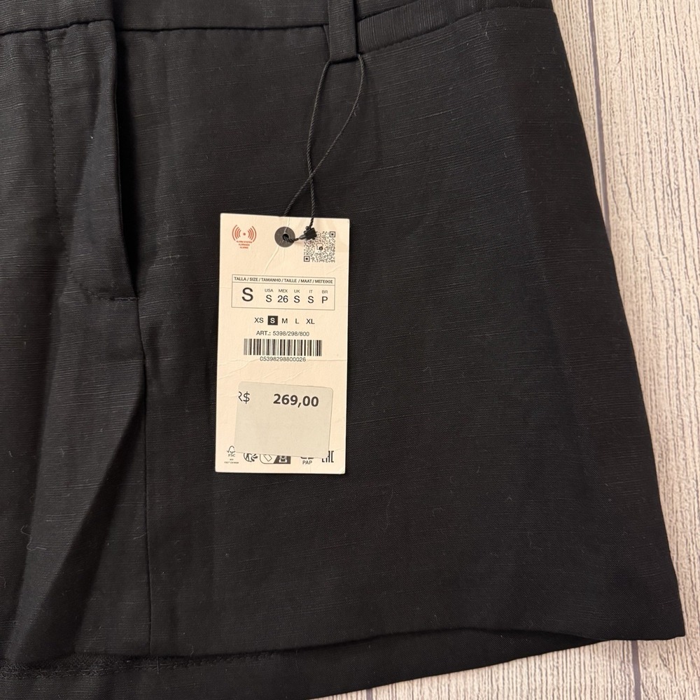 Zara Women's Black Linen Blend Mini Skirt Size S NWT Belt Loops Career - Picture 2 of 7
